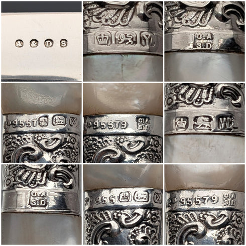 Circa 1890 British antique white mother-of-pearl handles, pure silver decoration, dessert cutlery, 6 pairs, Allen & Darwin